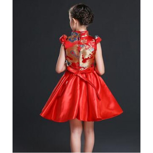 Kids chinese folk dance dresses  for girls dragon china style ancient traditional drummer singers party performance drama cosplay dresses